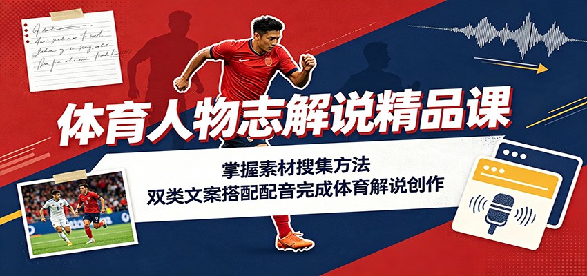 体育人物志解说精品课：掌握素材搜集方法，双类文案搭配配音完成体育解说创作-冒泡网
