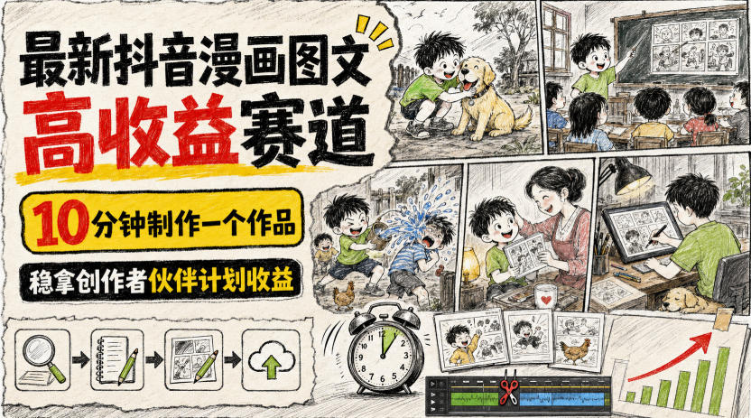 最新抖音漫画图文高收益赛道，10分钟制作一个作品，稳拿创作者伙伴计划收益-冒泡网