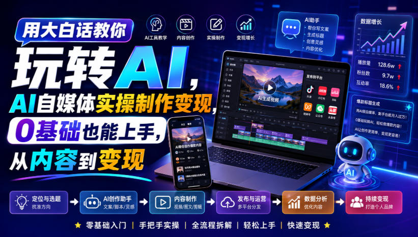 用大白话教你玩转AI，AI自媒体实操制作变现，0基础也能上手，从内容到变现-冒泡网