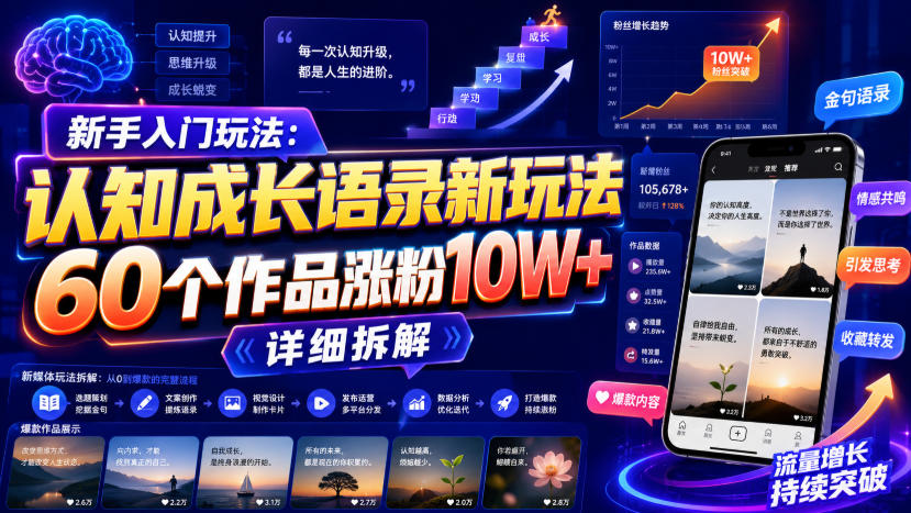 新手入门玩法：认知成长语录新玩法，60个作品涨粉10W+，详细拆解-冒泡网