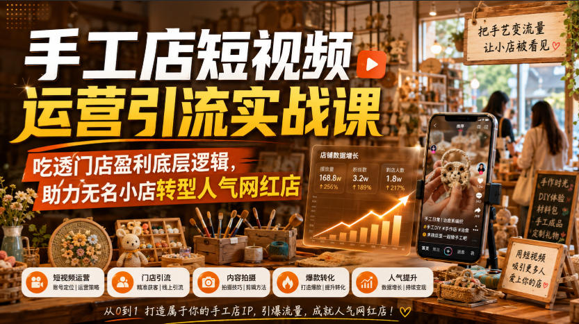 手工店短视频运营引流实战课，吃透门店盈利底层逻辑，助力无名小店转型人气网红店-冒泡网