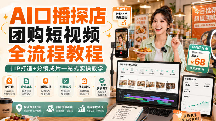 AI口播探店团购短视频全流程教程｜IP打造+分镜成片一站式实操教学-冒泡网