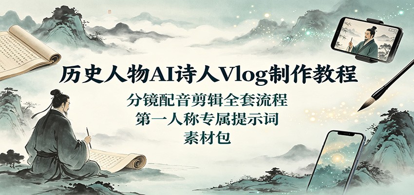 历史人物AI诗人Vlog制作教程：分镜配音剪辑全套流程，第一人称专属提示词素材包-冒泡网
