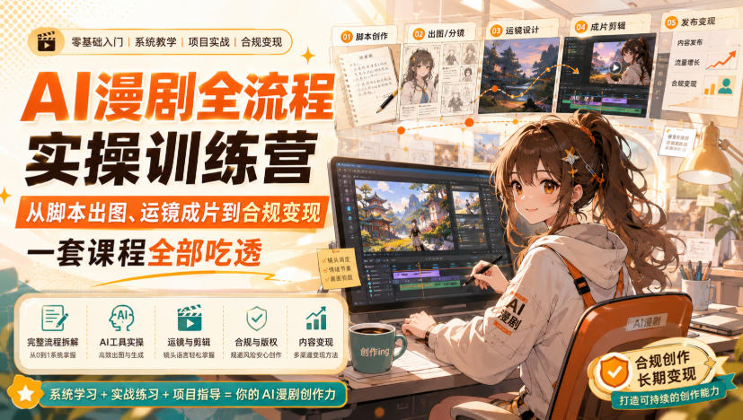AI漫剧全流程实操训练营，从脚本出图、运镜成片到合规变现，一套课程全部吃透-冒泡网