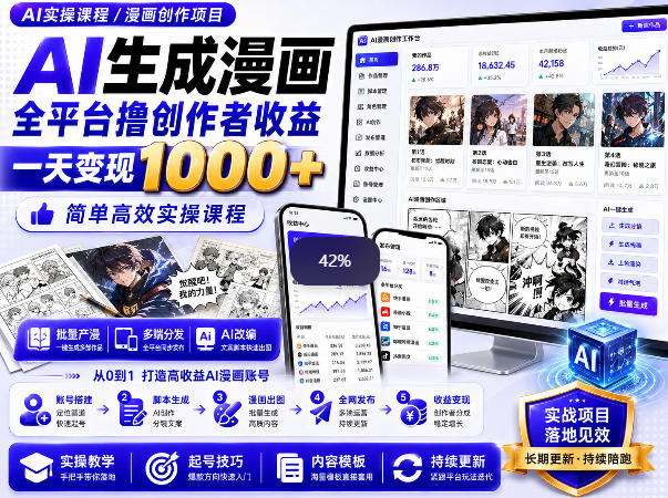 AI生成漫画全平台撸创作者收益内部课程，实操最高单日变现1k+-冒泡网