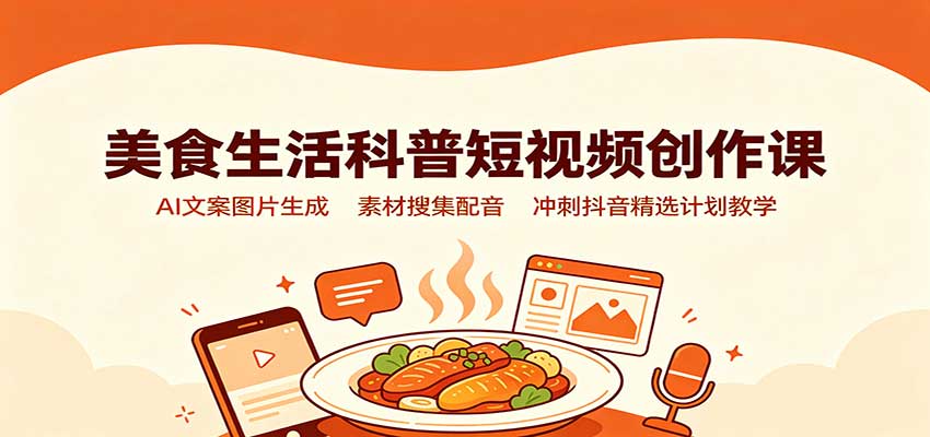 美食生活科普短视频创作课：AI文案图片生成，素材搜集配音，冲刺抖音精选计划教学-冒泡网