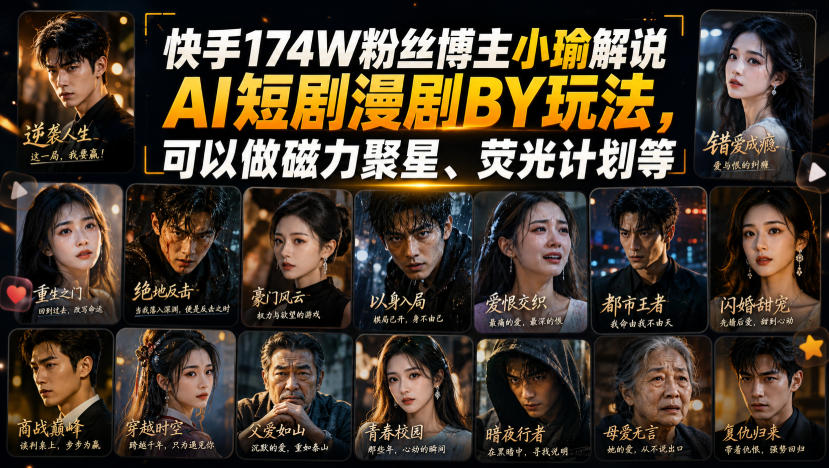 快手174W粉丝博主小瑜解说AI短剧漫剧搬运玩法，可以做磁力聚星、荧光计划等-冒泡网