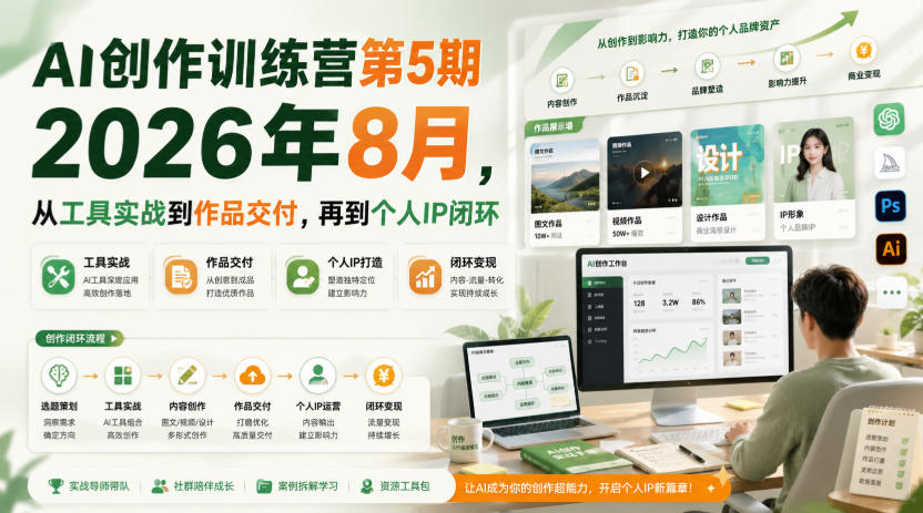 AI创作训练营第5期2026年8月，从工具实战到作品交付，再到个人IP闭环-冒泡网