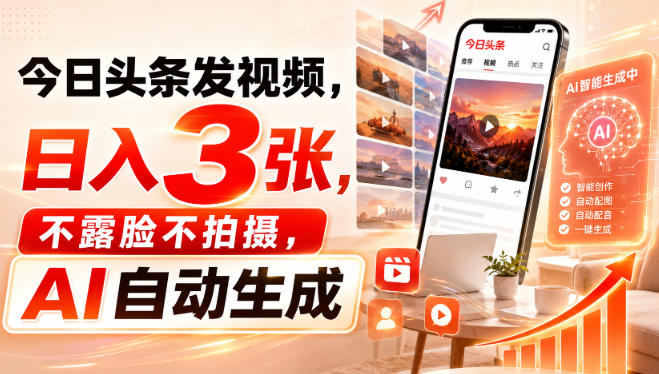 今日头条发视频，日入3张，不露脸不拍摄，AI自动生成-冒泡网