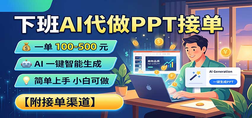 下班AI代做PPT接单，一单100-500，AI一键生成，小白也能做，附接单渠道-冒泡网