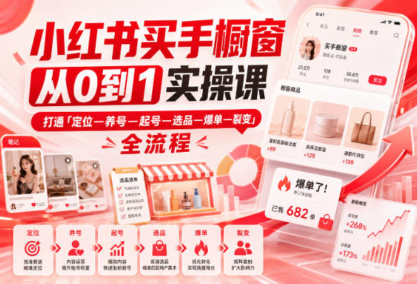 小红书买手橱窗从0到1实操课，打通「定位—养号—起号—选品—爆单—裂变」全流程-冒泡网