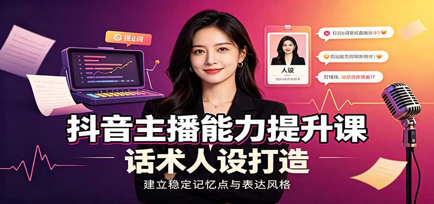 抖音主播能力提升课：账号底层逻辑，直播间搭建调试，话术人设打造全套教学-冒泡网
