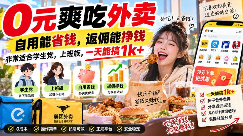 0元爽吃外卖，自用能省钱，返佣能挣钱，非常适合学生党，上班族，一天能搞1k+-冒泡网