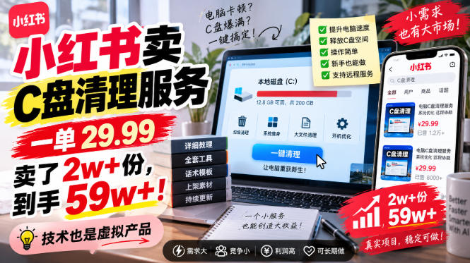 小红书卖C盘清理服务，一单29.99，卖了2w+份，技术也是虚拟产品-冒泡网