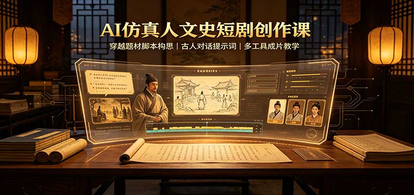 AI仿真人文史短剧创作课：穿越题材脚本构思，古人对话提示词，多工具成片教学-冒泡网