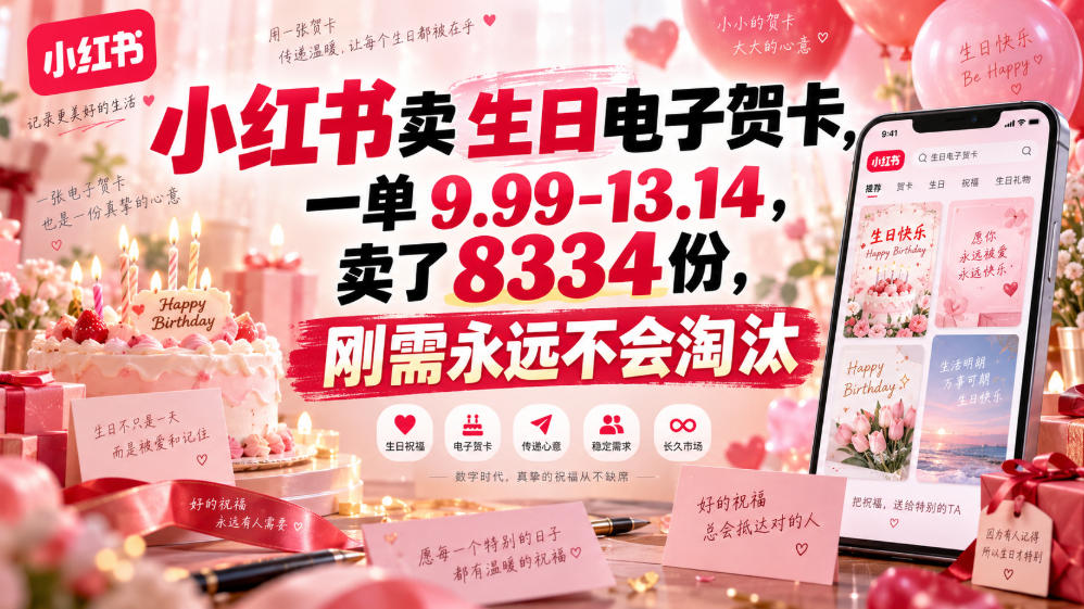 小红书卖生日电子贺卡，一单9.99-13.14，卖了8334份，刚需永远不会淘汰-冒泡网