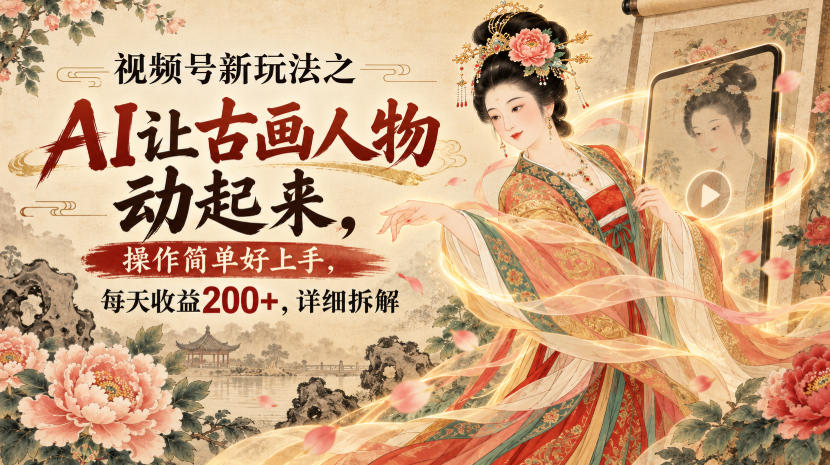 视频号新玩法之AI让古画人物动起来，操作简单好上手，每天收益200+，详细拆解-冒泡网