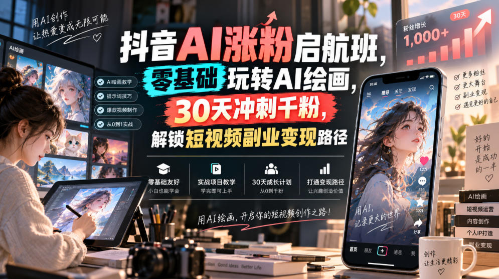 抖音AI涨粉启航班，零基础玩转AI绘画，30天冲刺千粉，解锁短视频副业变现路径-冒泡网
