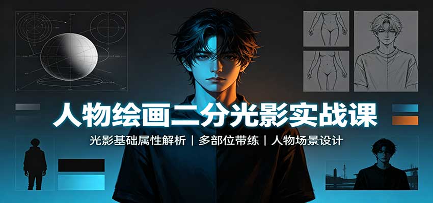 人物绘画二分光影实战课：光影基础属性解析，多部位带练，人物场景设计-冒泡网