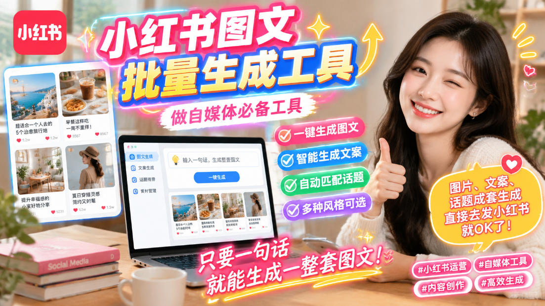 小红书图文批量生成工具，话题、文案、配图一键生成，直接发布，做自媒体必备工具-冒泡网