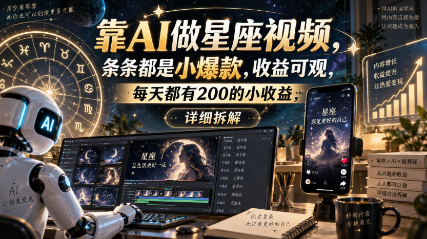 靠AI做星座视频，条条都是小爆款，收益可观，每天都有200的小收益，详细拆解-冒泡网