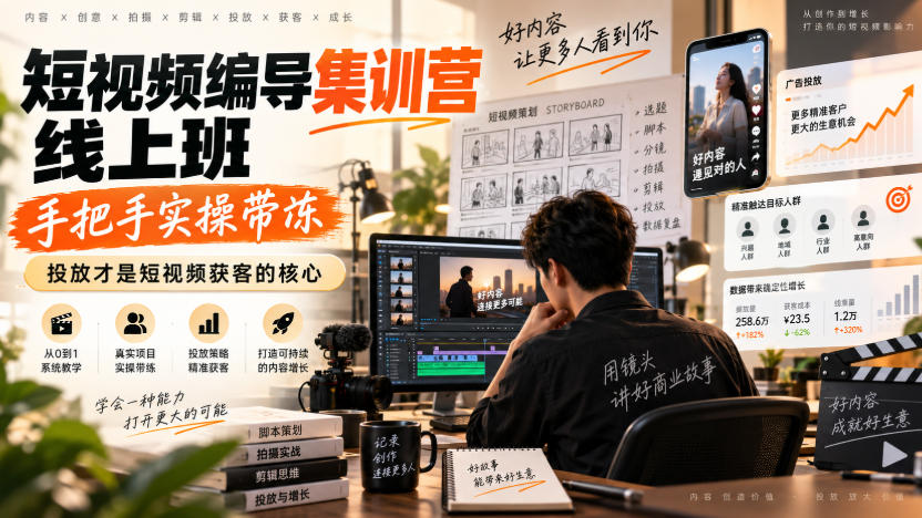 短视频编导集训营线上班，手把手实操带冻，投放才是短视频获客的核心-冒泡网