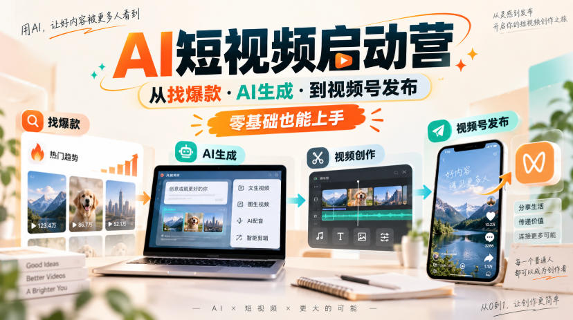 AI短视频启动营，从找爆款·AI生成·到视频号发布，零基础也能上手-冒泡网