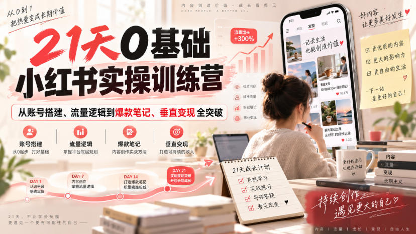 21天0基础小红书实操训练营｜从账号搭建、流量逻辑到爆款笔记、垂直变现全突破-冒泡网