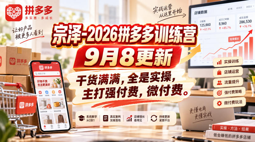 宗泽-2026拼多多训练营9月8更新，干货满满，全是实操，主打强付费，微付费-冒泡网