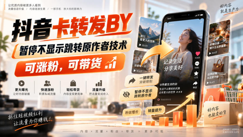 抖音卡转发搬运，暂停不显示跳转原作者技术，可涨粉，可带货-冒泡网