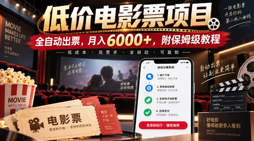 低价电影票项目，全自动出票，月入6000+，附保姆级教程【揭秘】-冒泡网