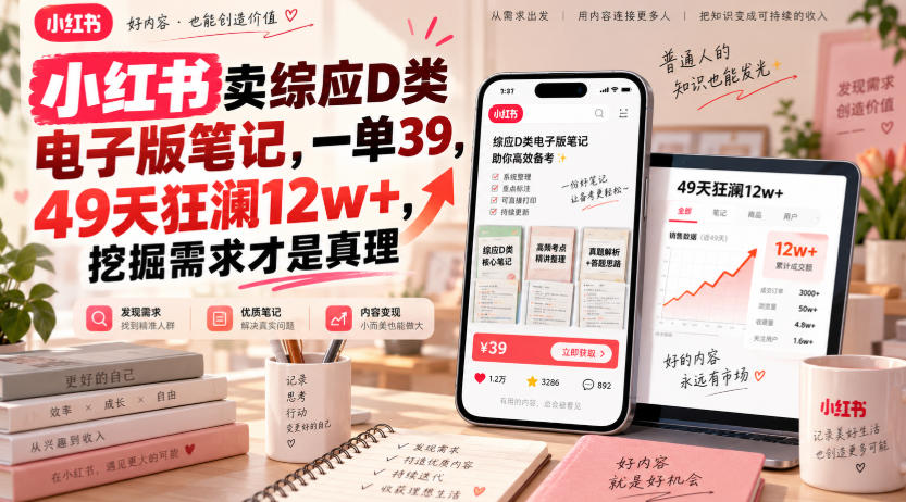 小红书卖综应D类电子版笔记，一单39，49天狂澜12w+，挖掘需求才是真理-冒泡网