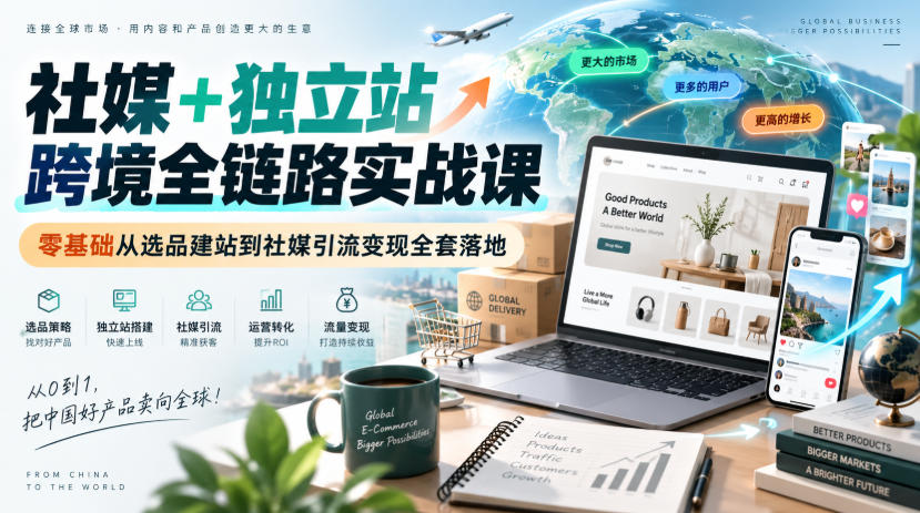 社媒+独立站跨境全链路实战课｜零基础从选品建站到社媒引流变现全套落地-冒泡网