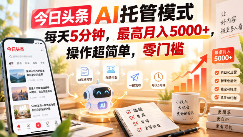 今日头条AI托管模式，每天5分钟，最高月入5000+，操作超简单，零门槛【揭秘】-冒泡网