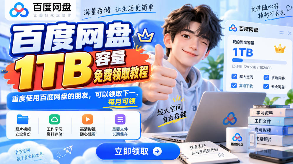 百度网盘1TB容量免费领取教程,重度使用百度网盘的朋友,可以领取下一,每月可领