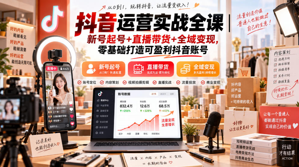 抖音运营实战全课｜新号起号+直播带货+全域变现，零基础打造可盈利抖音账号-冒泡网