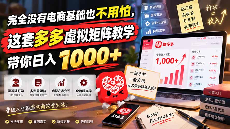 完全没有电商基础也不用怕，这套多多虚拟矩阵教学带你日入 1000+-冒泡网