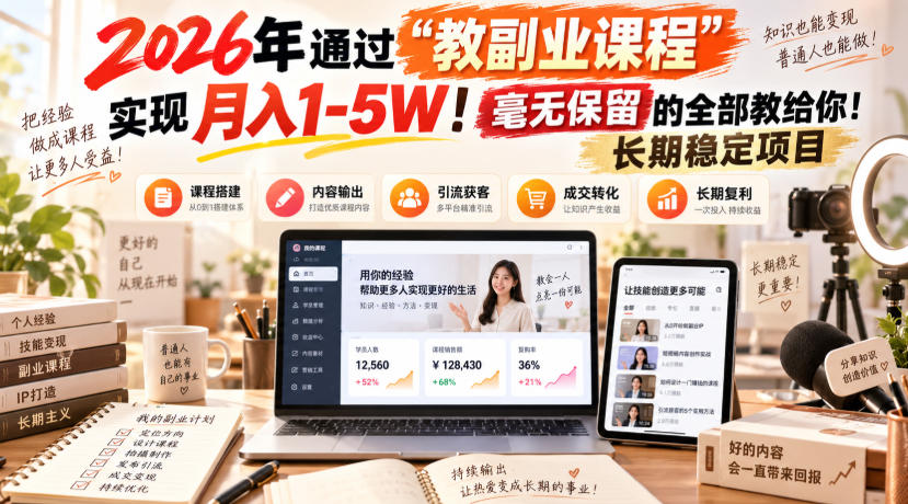 2026年通过“教副业课程”实现月入1-5W！毫无保留的全部教给你！长期稳定项目-冒泡网