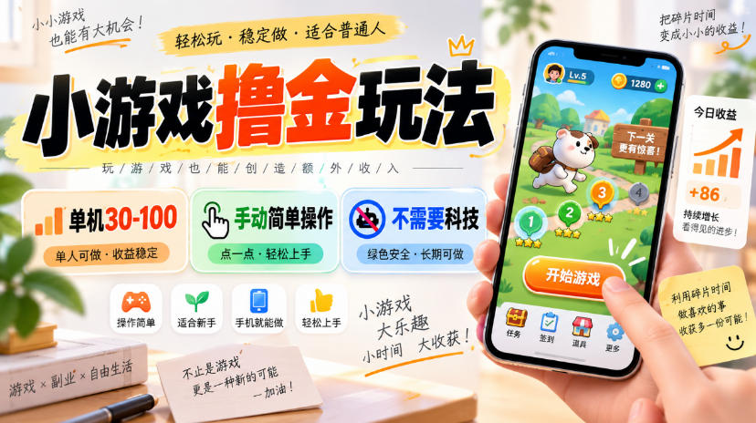 小游戏撸金玩法，单机30-100，手动简单操作，不需要科技-冒泡网