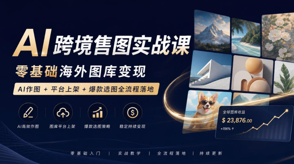 AI跨境售图实战课，零基础海外图库变现，AI作图+平台上架+爆款选图全流程落地-冒泡网