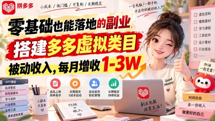 零基础也能落地的副业，搭建多多虚拟类目被动收入，每月增收1-3W【揭秘】-冒泡网