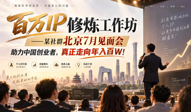 百万IP修炼工作坊——某社群北京7月见面会，助力中国创业者，真正走向年入百W!-冒泡网