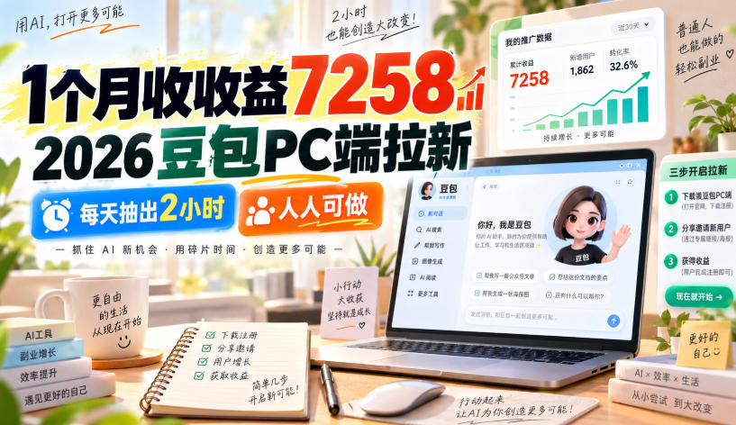 1个月收收益7258，2026豆包PC端拉新，每天抽出2小时，人人可做-冒泡网