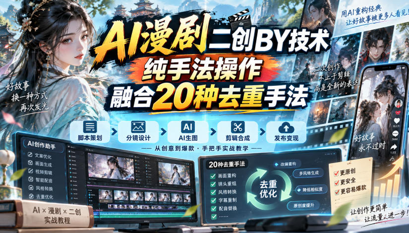 AI漫剧二创搬运技术，纯手法操作，融合20种去重手法-冒泡网