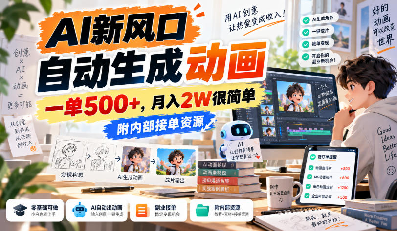 AI新风口，自动生成动画，一单500+，月入2W很简单，附内部接单资源【揭秘】-冒泡网