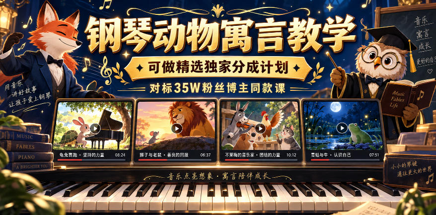 钢琴动物寓言教学，可做精选独家分成计划，对标35W粉丝博主同款课-冒泡网