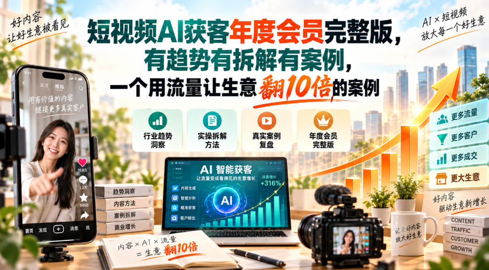 短视频AI获客年度会员完整版，有趋势有拆解有案例，一个用流量让生意翻10倍的案例-冒泡网