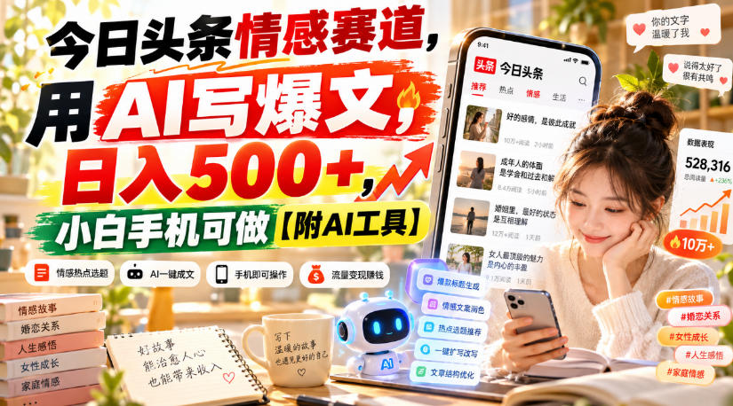今日头条情感赛道，用AI写爆文，日入500+，小白手机可做【附AI工具】-冒泡网