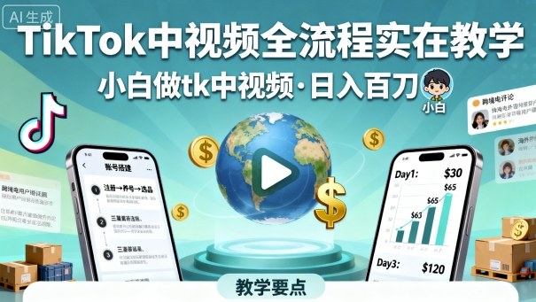 TikTok中视频全流程实操教学，小白做tk中视频，日入百刀-冒泡网