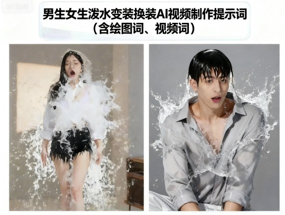 男生女生泼水变装换装AI视频制作提示词(含绘图词、视频词)-冒泡网